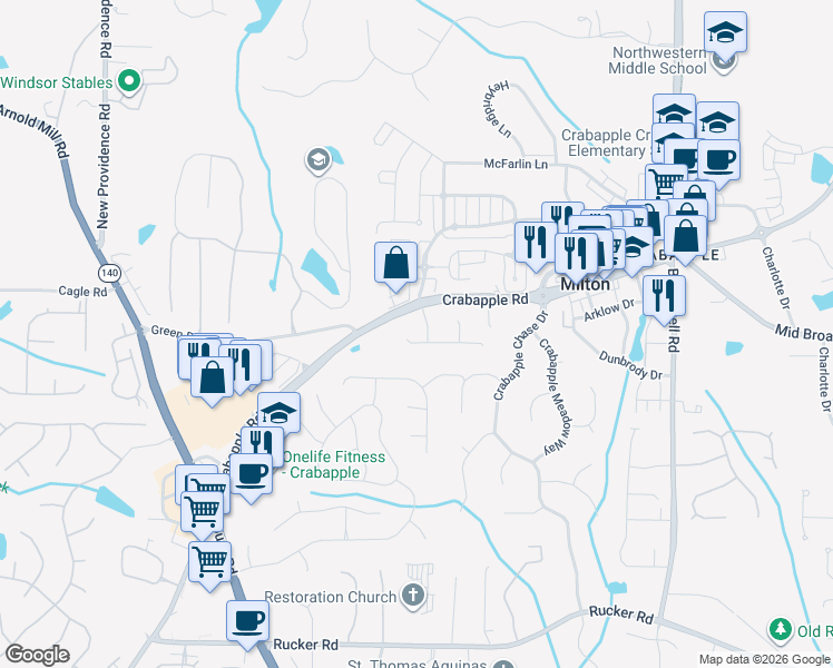 map of restaurants, bars, coffee shops, grocery stores, and more near 580 Arbor North Way in Alpharetta