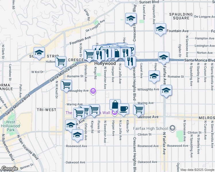 map of restaurants, bars, coffee shops, grocery stores, and more near 916 North Sweetzer Avenue in West Hollywood