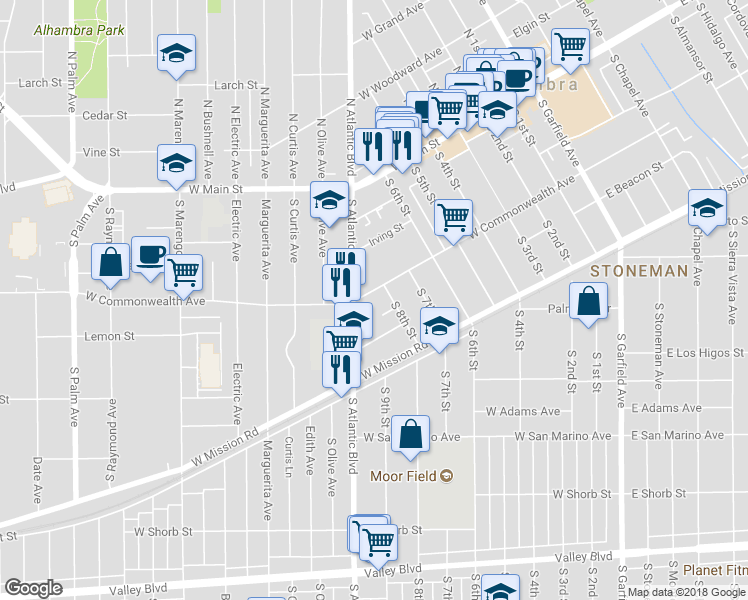 map of restaurants, bars, coffee shops, grocery stores, and more near West Commonwealth Avenue in Alhambra