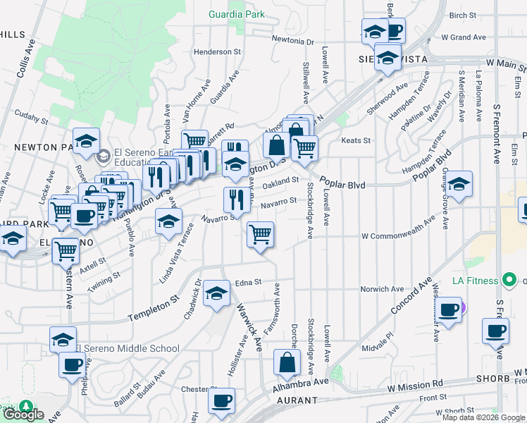 map of restaurants, bars, coffee shops, grocery stores, and more near 5302 Navarro Street in Los Angeles