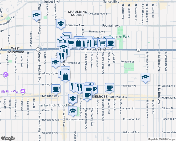 map of restaurants, bars, coffee shops, grocery stores, and more near 907 North Spaulding Avenue in West Hollywood