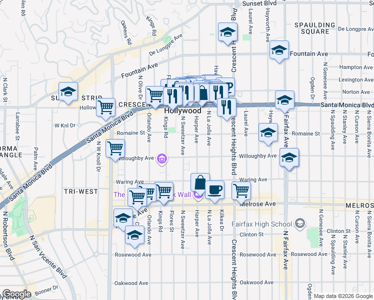 map of restaurants, bars, coffee shops, grocery stores, and more near 911 North Harper Avenue in West Hollywood
