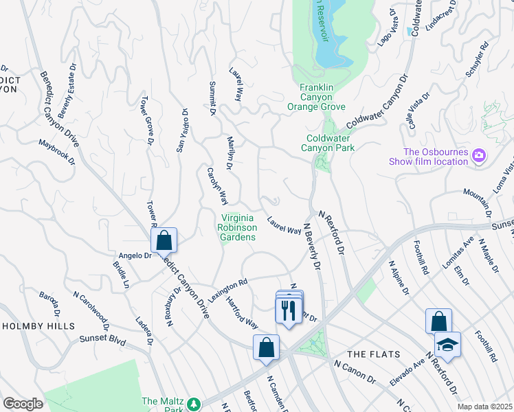 map of restaurants, bars, coffee shops, grocery stores, and more near 1020 Carolyn Way in Beverly Hills