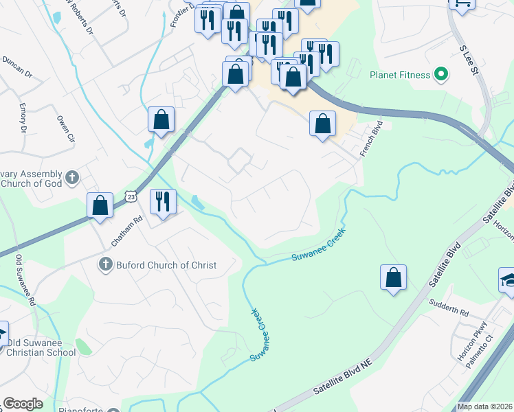 map of restaurants, bars, coffee shops, grocery stores, and more near 4187 Reynolds Place in Buford