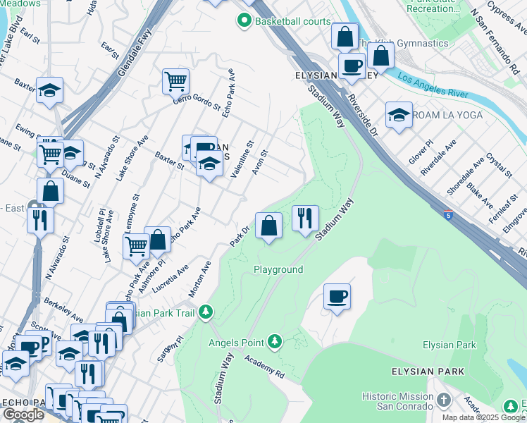 map of restaurants, bars, coffee shops, grocery stores, and more near 2100 Park Drive in Los Angeles