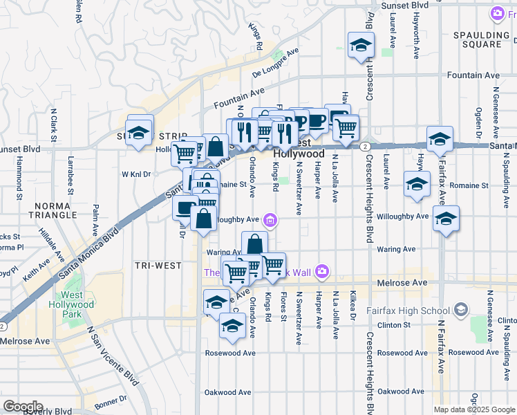 map of restaurants, bars, coffee shops, grocery stores, and more near 918 North Orlando Avenue in Los Angeles