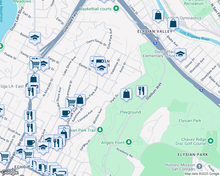 map of restaurants, bars, coffee shops, grocery stores, and more near 2019 Avon Street in Los Angeles