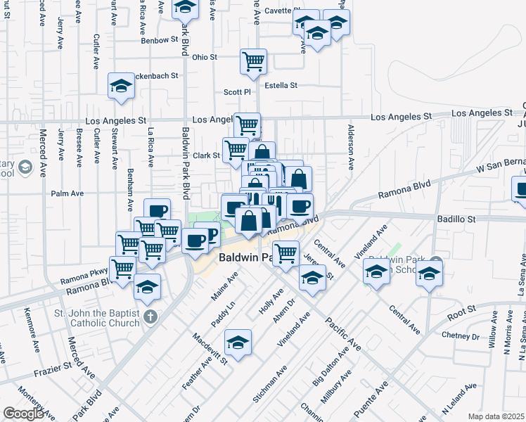 map of restaurants, bars, coffee shops, grocery stores, and more near 4126 Maine Avenue in Baldwin Park