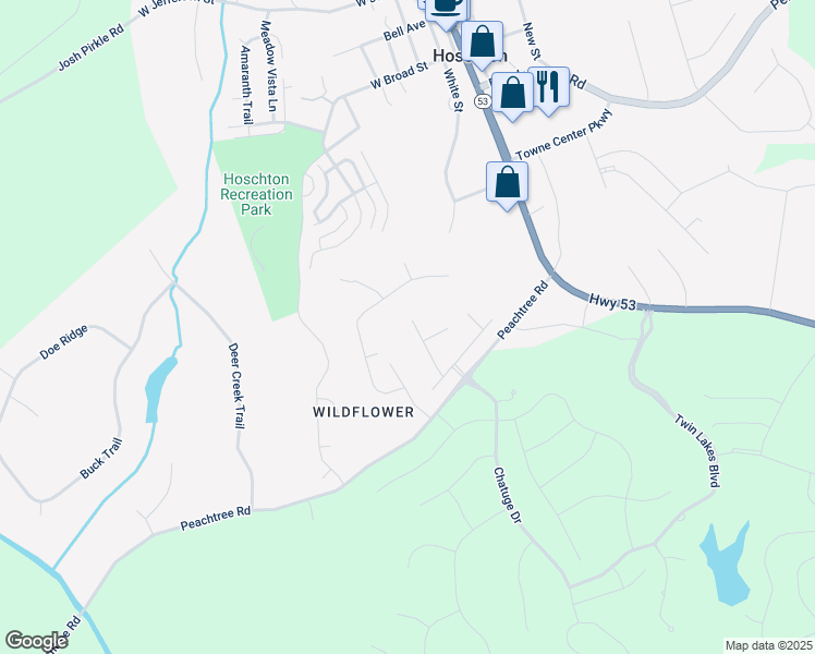 map of restaurants, bars, coffee shops, grocery stores, and more near 300 Peachtree Road in Hoschton