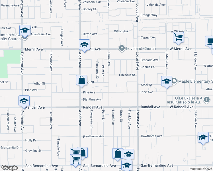 map of restaurants, bars, coffee shops, grocery stores, and more near 9154 Laurel Avenue in Fontana