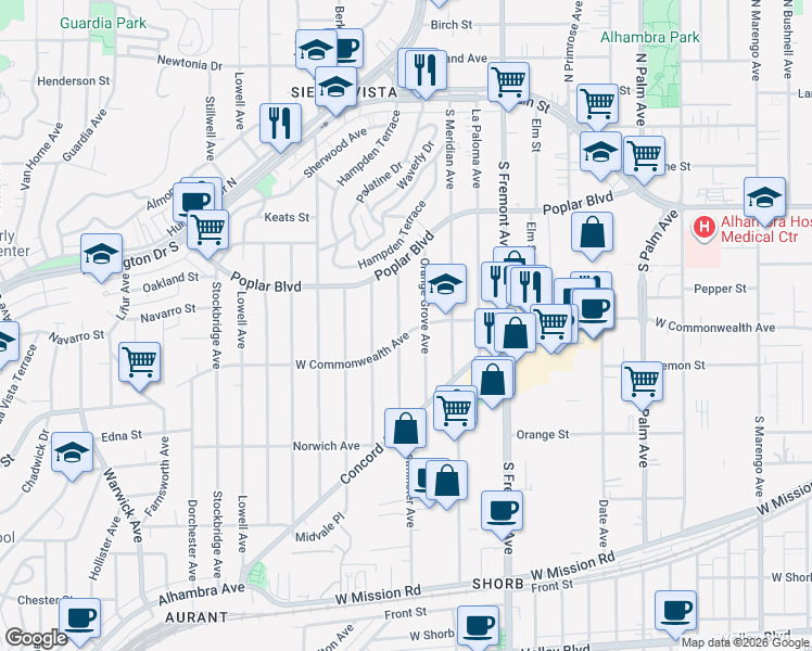 map of restaurants, bars, coffee shops, grocery stores, and more near 509 Westminster Avenue in Alhambra