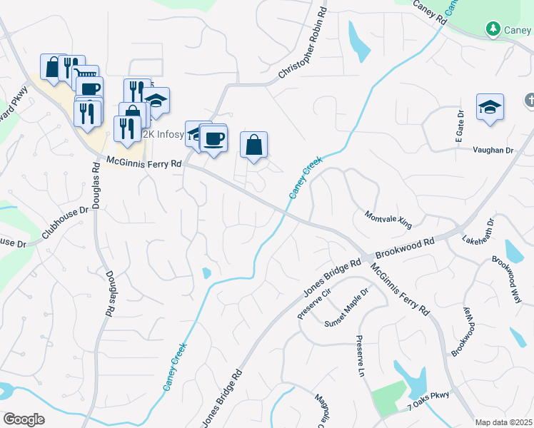 map of restaurants, bars, coffee shops, grocery stores, and more near 5640 Vicarage Walk in Alpharetta