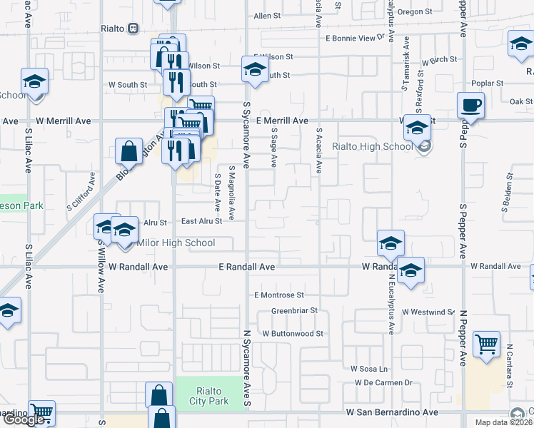 map of restaurants, bars, coffee shops, grocery stores, and more near 340 East Lily Street in Rialto