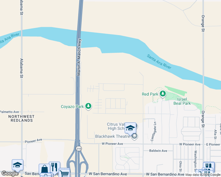 map of restaurants, bars, coffee shops, grocery stores, and more near 1048 Lumia Circle in Redlands