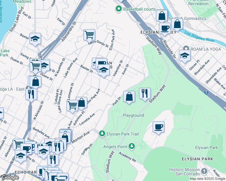 map of restaurants, bars, coffee shops, grocery stores, and more near 2019 Avon Street in Los Angeles