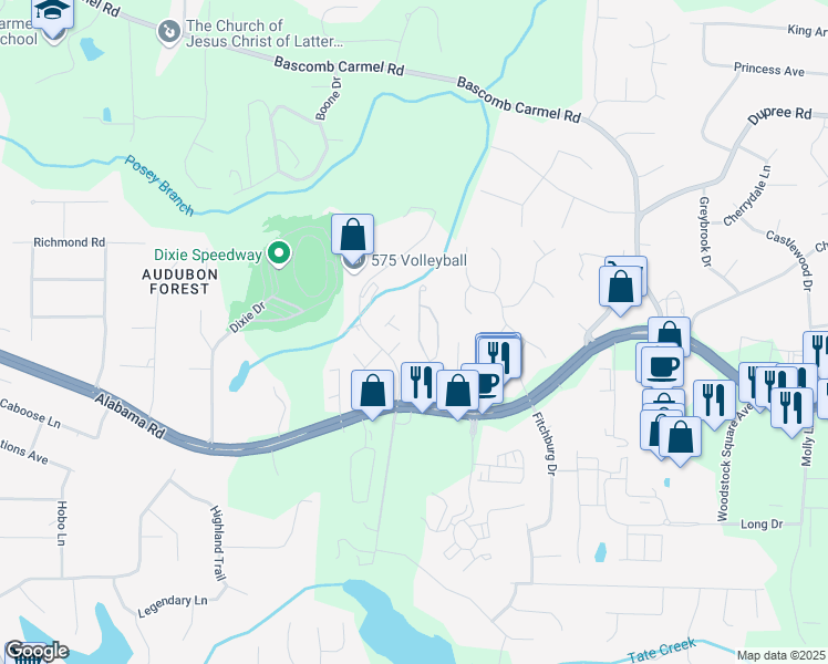 map of restaurants, bars, coffee shops, grocery stores, and more near 163 Townview Drive in Woodstock