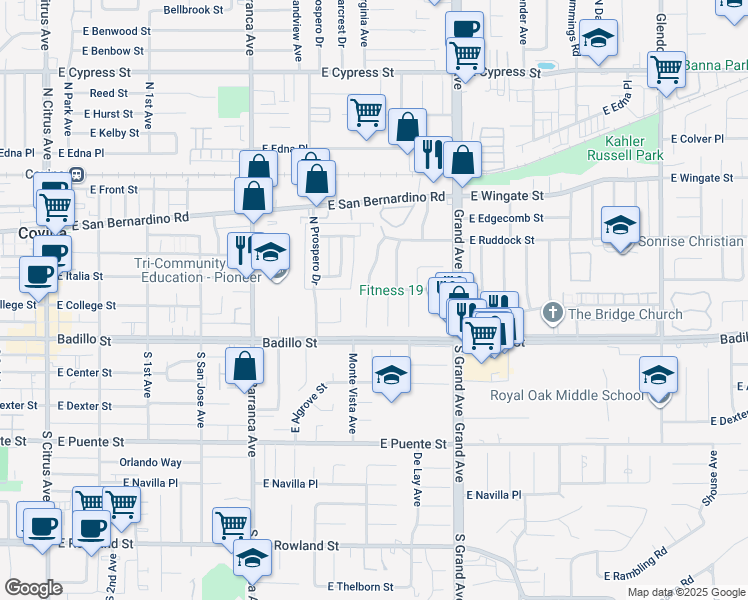 map of restaurants, bars, coffee shops, grocery stores, and more near 168 North Forestdale Avenue in Covina