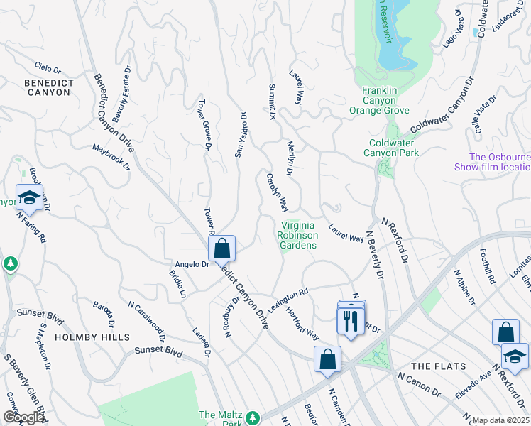 map of restaurants, bars, coffee shops, grocery stores, and more near 1040 Cove Way in Beverly Hills