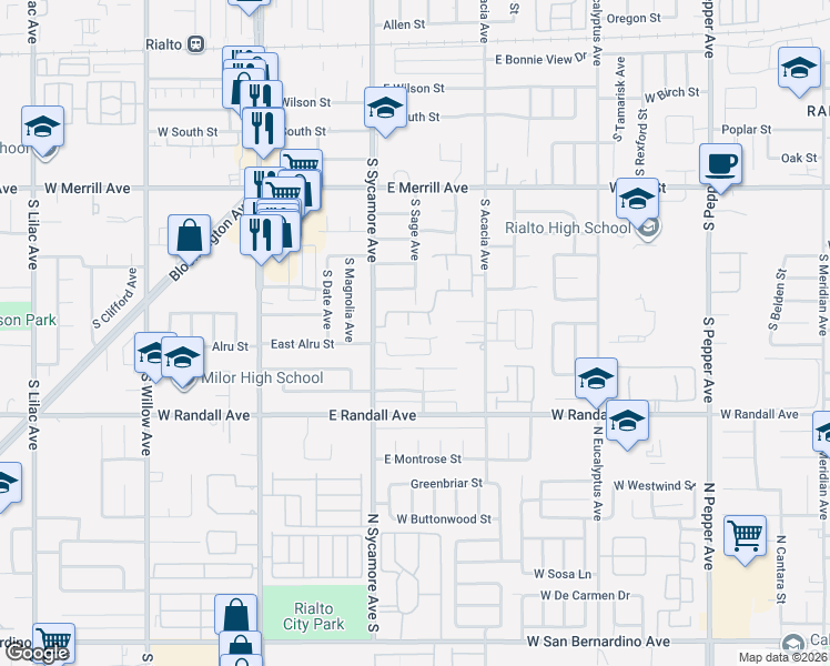 map of restaurants, bars, coffee shops, grocery stores, and more near 352 Lilly Street in Rialto