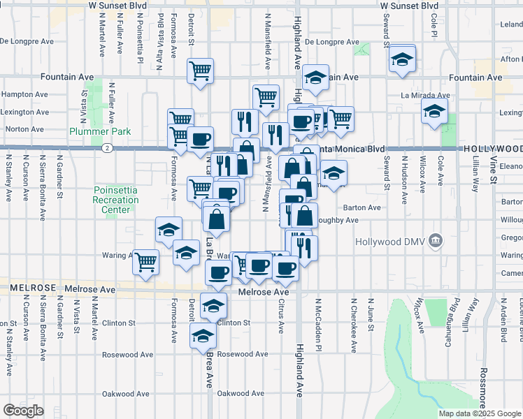 map of restaurants, bars, coffee shops, grocery stores, and more near 915 North Orange Drive in Los Angeles