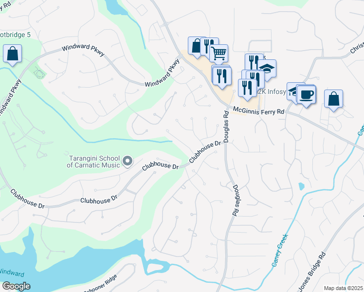 map of restaurants, bars, coffee shops, grocery stores, and more near 2850 Gleneagles Pointe in Alpharetta