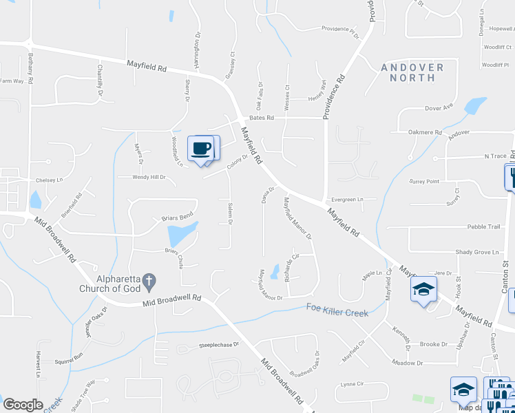 map of restaurants, bars, coffee shops, grocery stores, and more near 210 Dania Drive in Alpharetta