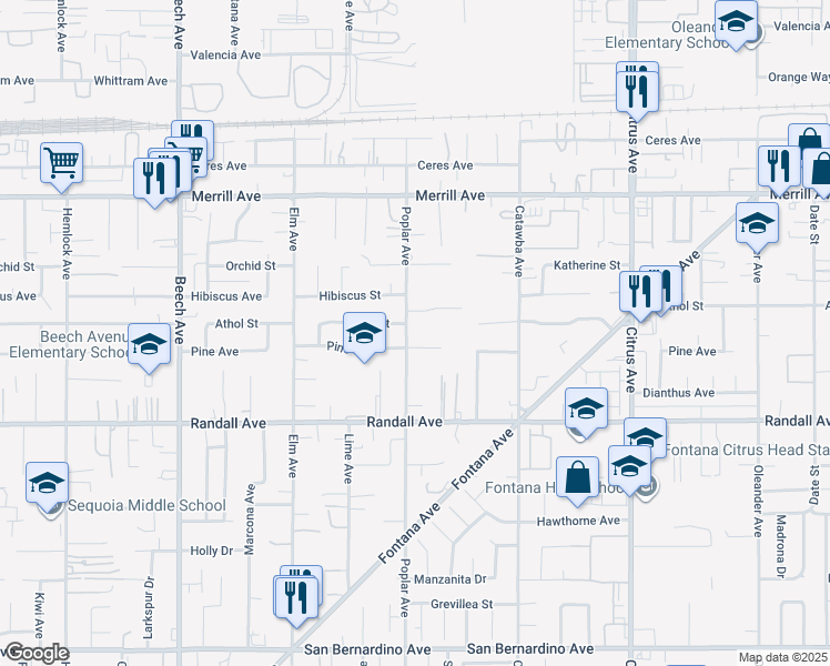 map of restaurants, bars, coffee shops, grocery stores, and more near 9141 Poplar Avenue in Fontana