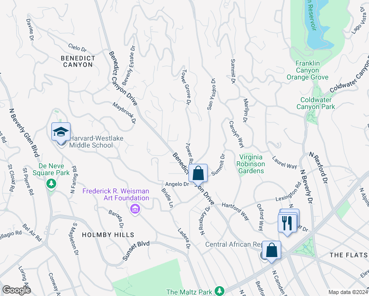 map of restaurants, bars, coffee shops, grocery stores, and more near 1121 Tower Road in Beverly Hills