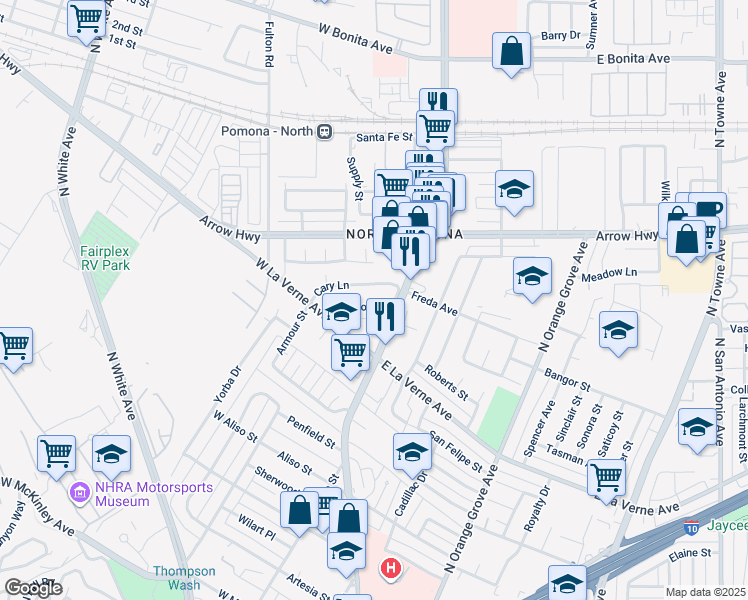 map of restaurants, bars, coffee shops, grocery stores, and more near 127 Sharon Drive in Pomona