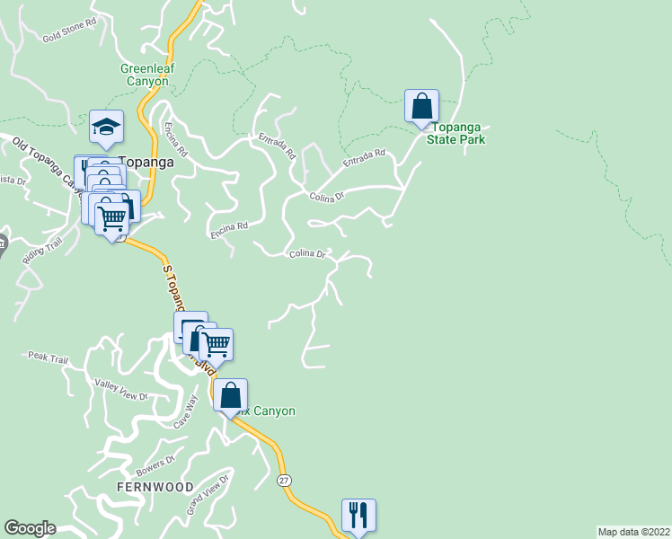 map of restaurants, bars, coffee shops, grocery stores, and more near Colina Drive in Los Angeles County
