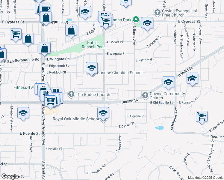 map of restaurants, bars, coffee shops, grocery stores, and more near 264 North Glendora Avenue in Covina