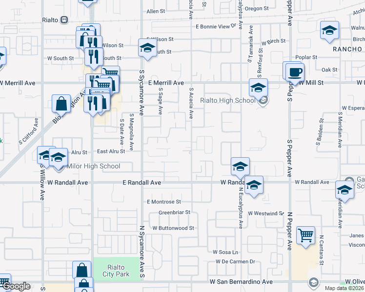 map of restaurants, bars, coffee shops, grocery stores, and more near 772 South Acacia Avenue in Rialto