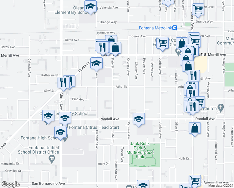 map of restaurants, bars, coffee shops, grocery stores, and more near 9151 Date Street in Fontana