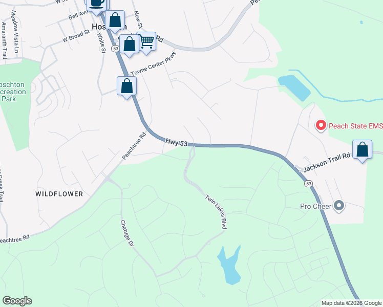 map of restaurants, bars, coffee shops, grocery stores, and more near 3434 Highway 53 in Hoschton