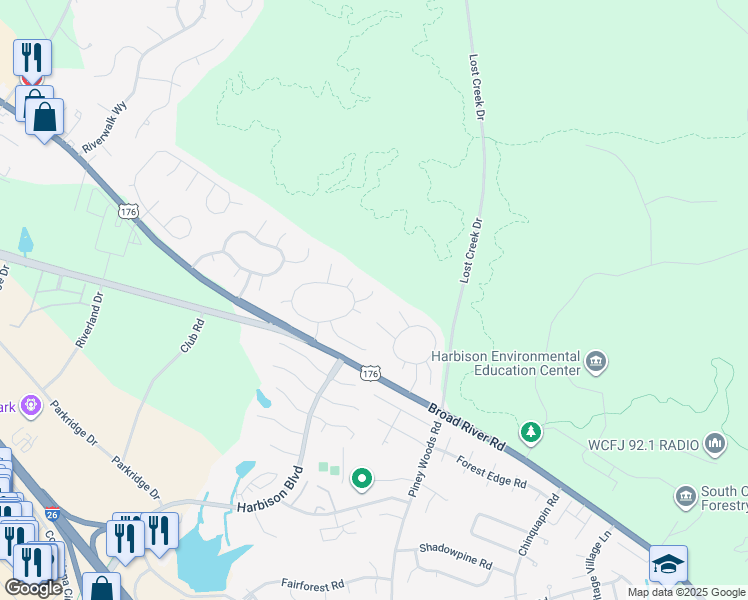 map of restaurants, bars, coffee shops, grocery stores, and more near 13 Forestland Court in Columbia