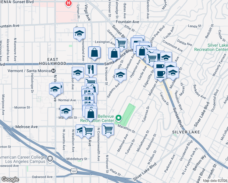 map of restaurants, bars, coffee shops, grocery stores, and more near 864 Sanborn Avenue in Los Angeles