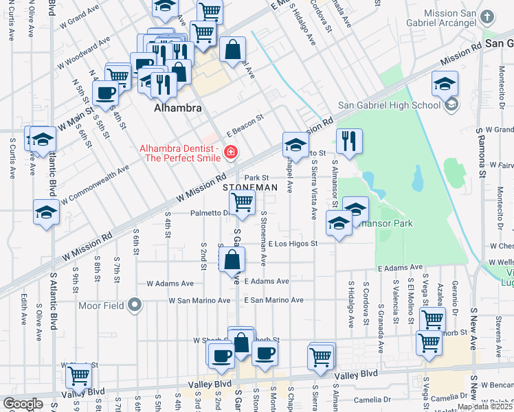 map of restaurants, bars, coffee shops, grocery stores, and more near 751 A South Stoneman Avenue in Alhambra