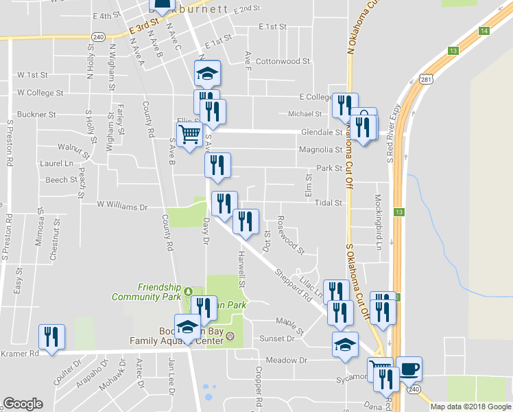 map of restaurants, bars, coffee shops, grocery stores, and more near 512 Tidal Street in Burkburnett