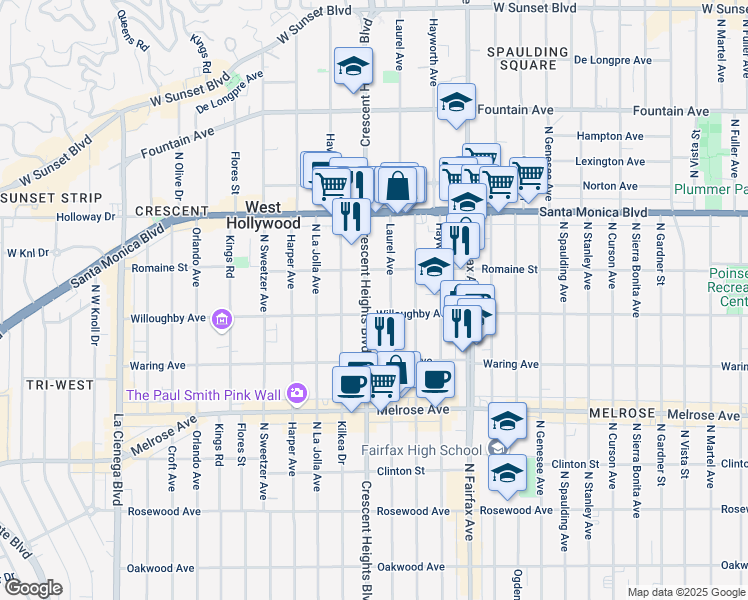 map of restaurants, bars, coffee shops, grocery stores, and more near 911 North Laurel Avenue in Los Angeles