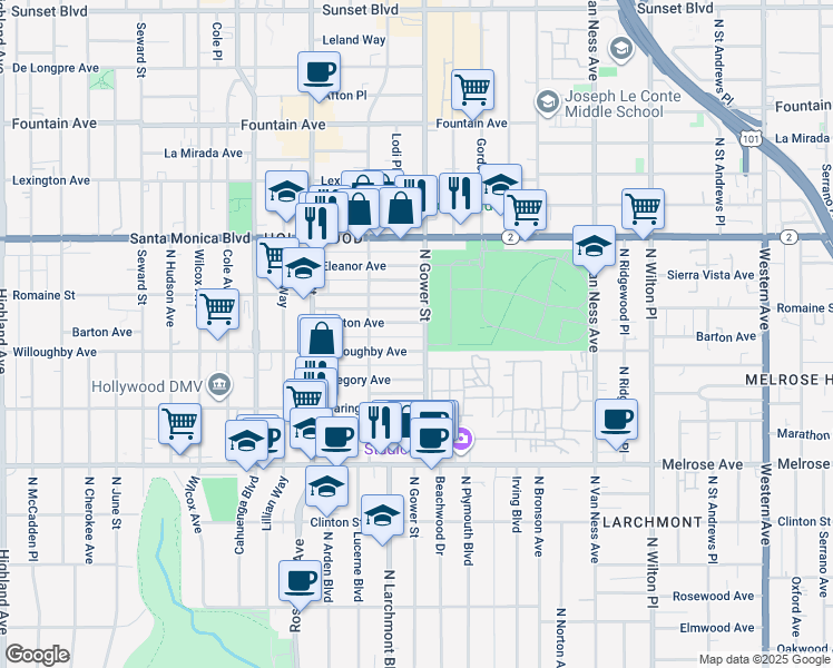 map of restaurants, bars, coffee shops, grocery stores, and more near 5908 Barton Avenue in Los Angeles