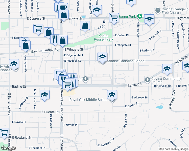 map of restaurants, bars, coffee shops, grocery stores, and more near 1147 East Wanamaker Drive in Covina
