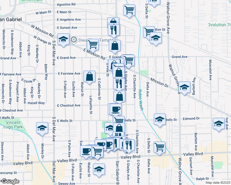 map of restaurants, bars, coffee shops, grocery stores, and more near 1116 South San Gabriel Boulevard in San Gabriel