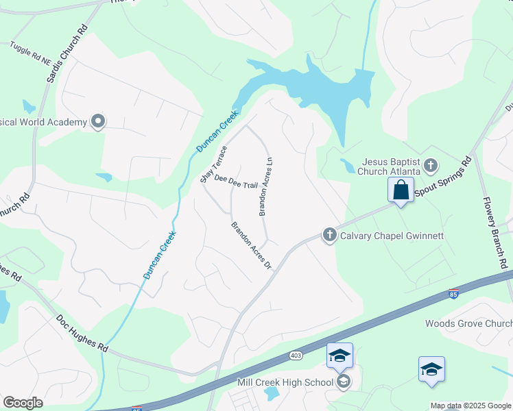 map of restaurants, bars, coffee shops, grocery stores, and more near 4720 Brandon Acres Lane in Buford
