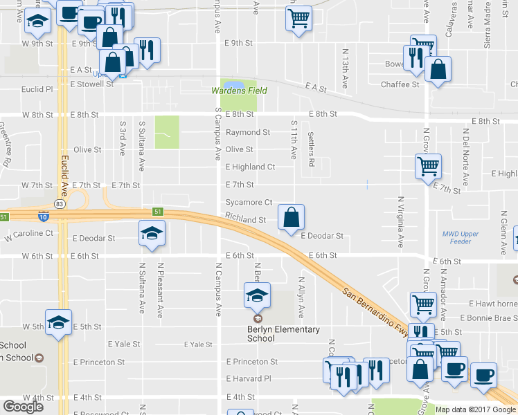 map of restaurants, bars, coffee shops, grocery stores, and more near 906 Sycamore Court in Upland