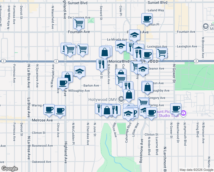 map of restaurants, bars, coffee shops, grocery stores, and more near 917 North Hudson Avenue in Los Angeles