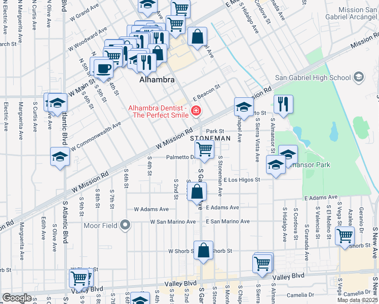 map of restaurants, bars, coffee shops, grocery stores, and more near 25 Palmetto Drive in Alhambra