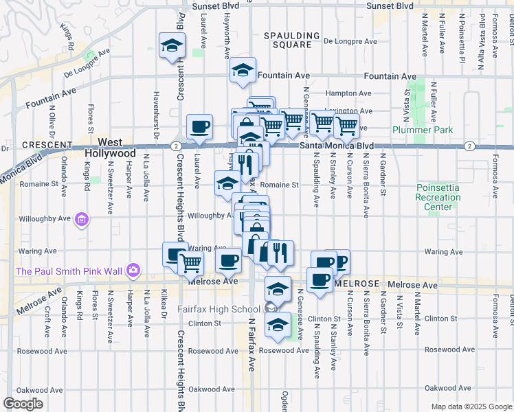 map of restaurants, bars, coffee shops, grocery stores, and more near 914 North Fairfax Avenue in West Hollywood