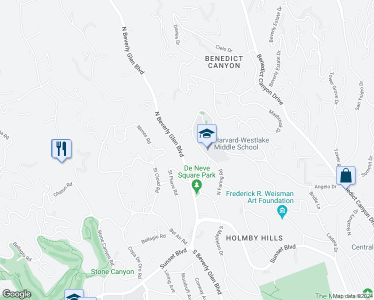 map of restaurants, bars, coffee shops, grocery stores, and more near 580 North Beverly Glen Boulevard in Los Angeles