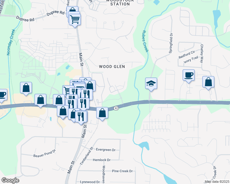 map of restaurants, bars, coffee shops, grocery stores, and more near 107 Skyridge Drive in Woodstock