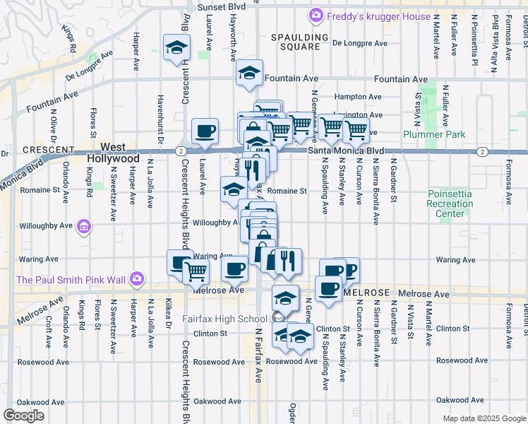 map of restaurants, bars, coffee shops, grocery stores, and more near 914 North Fairfax Avenue in West Hollywood